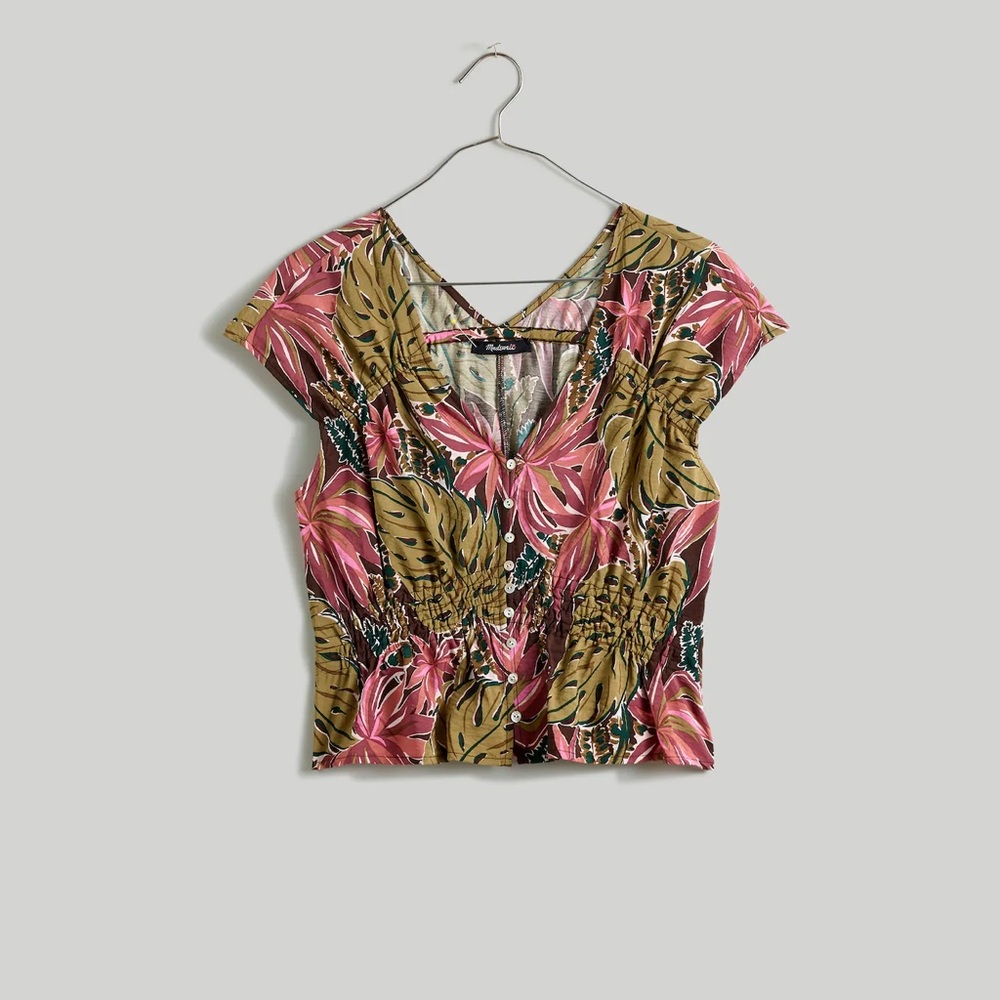 Madewell Shirred Cap-Sleeve Top in Brushstroke Monstera